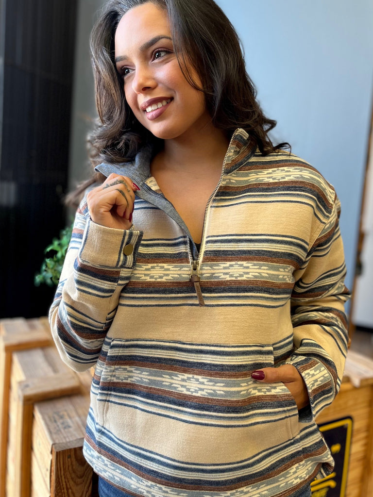 Womens Half Zip Pullover - Tan Saltillo Stripe