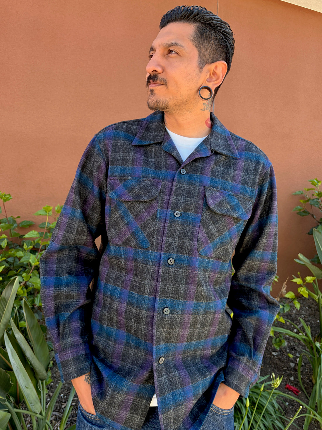 original wool surf shirt in black/purple plaid 32814