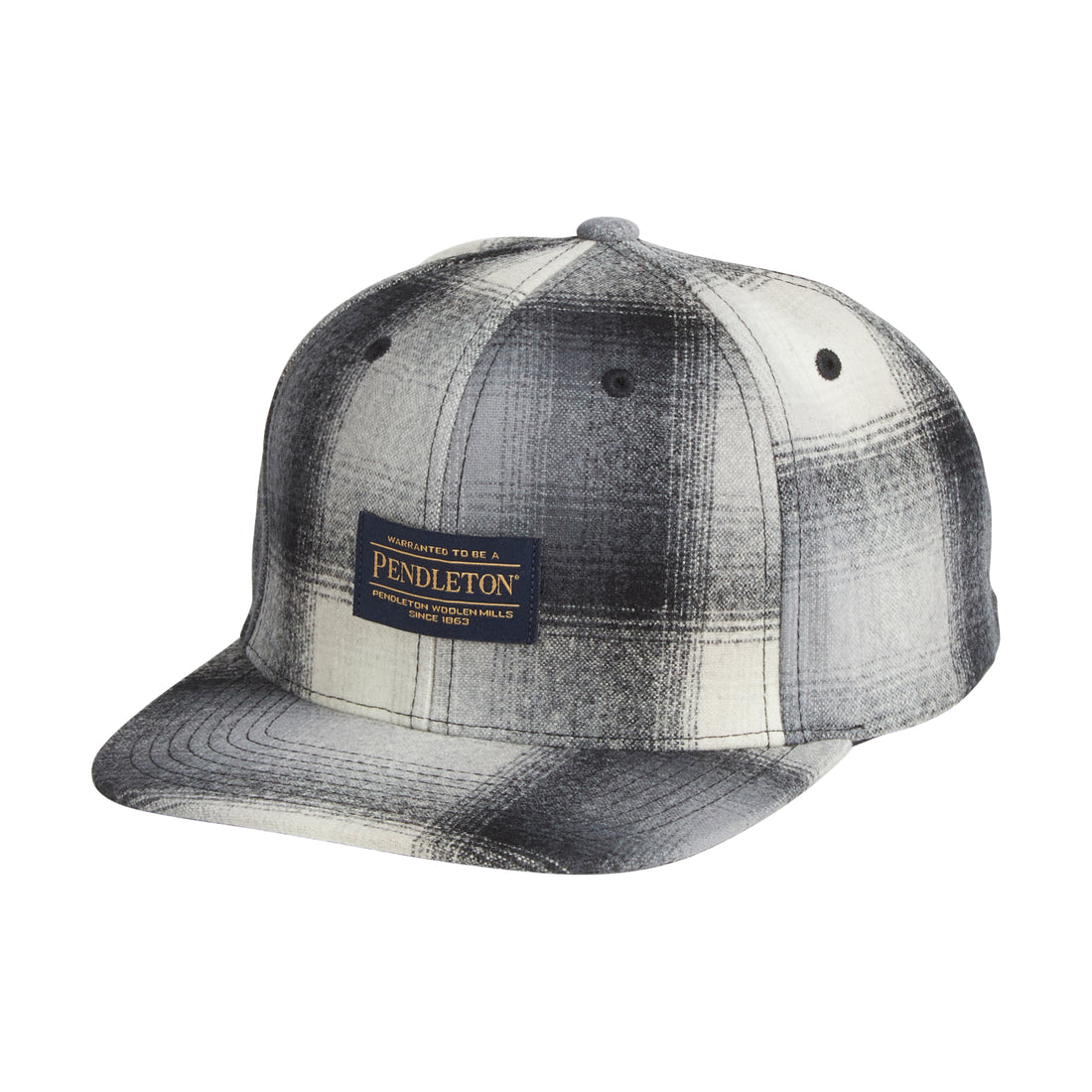 classic wool flat brim cap with adjustable snap back closure white and black plaid