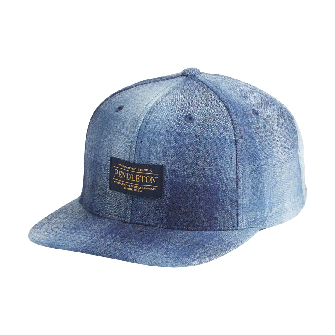 wool flat brim cap with pendleton fabric patch and snap-back closre