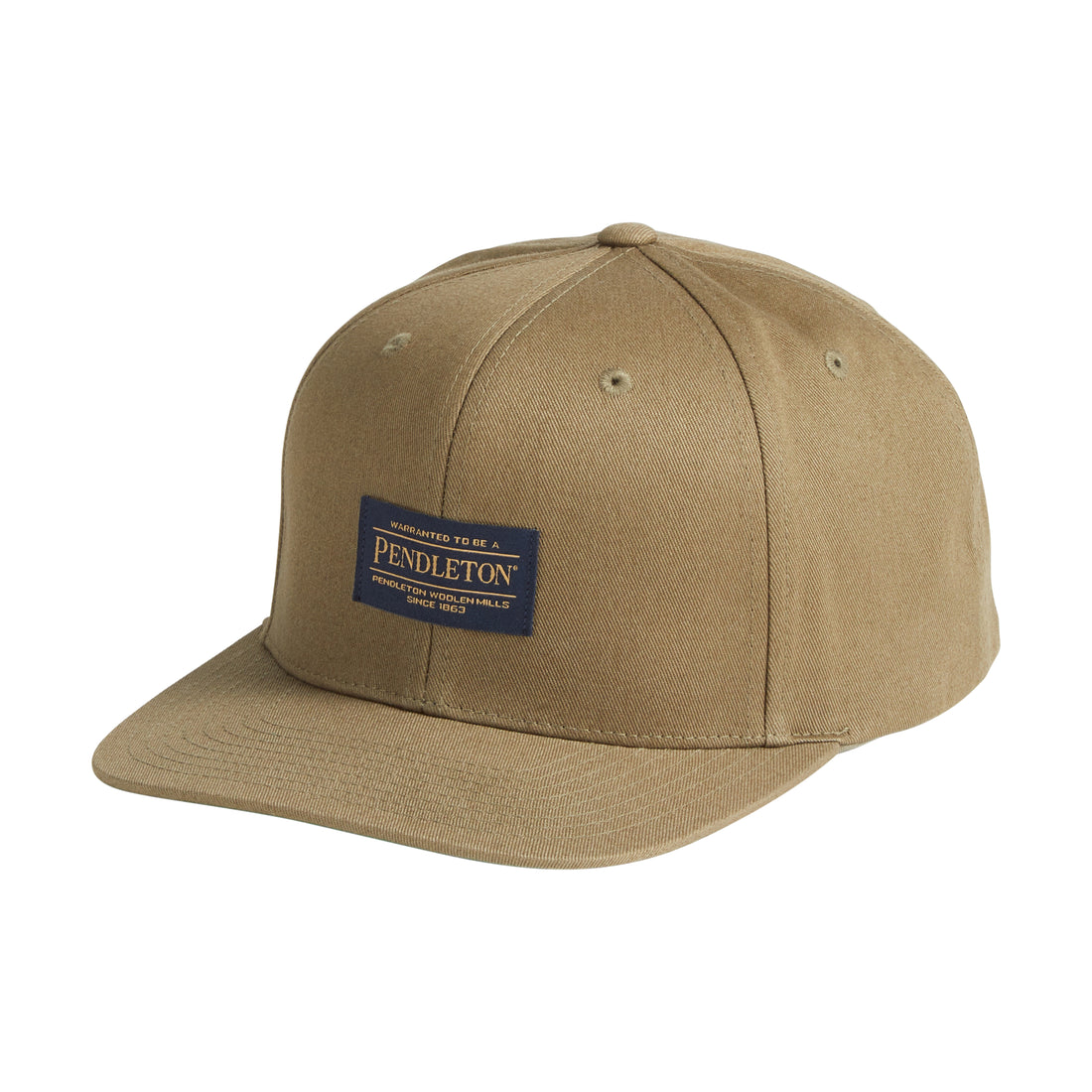 green loden flat brim hat with exclusive pendleton label logo and snap-back closure