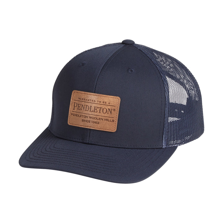 navy blue Pendleton mesh trucker hat with a snap back closure featuring exclusive leather logo patch