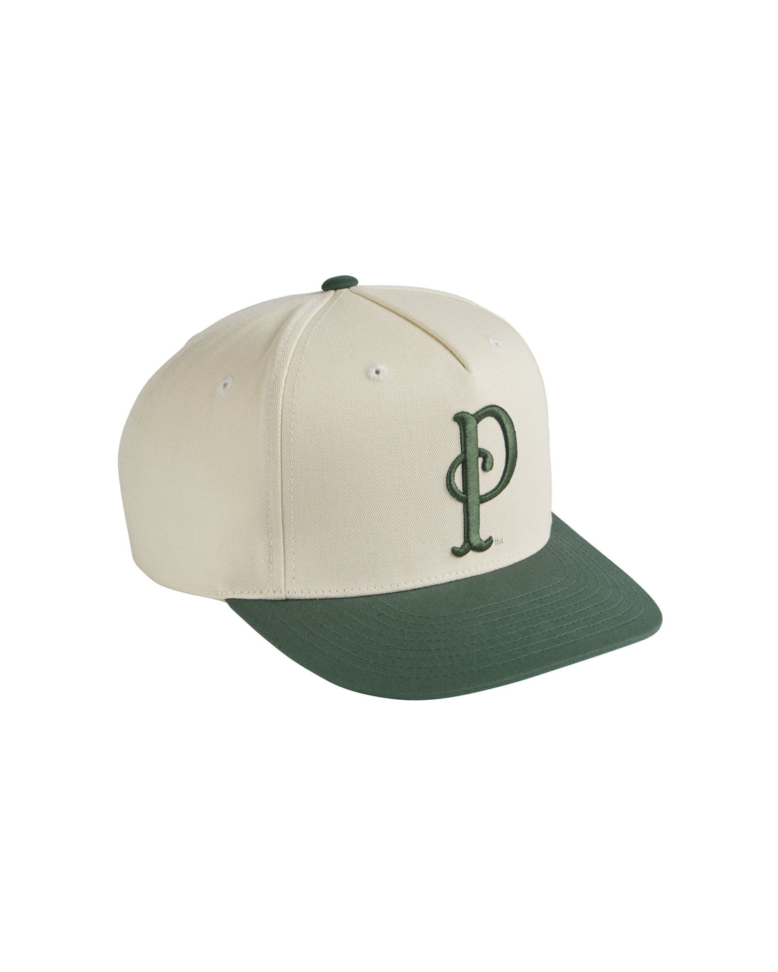 letterman hat with adjustable leather slideback closure in ivory and green