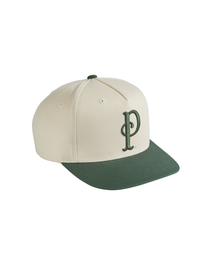 letterman hat with adjustable leather slideback closure in ivory and green