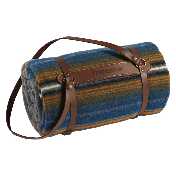 Olympic National Park wool throw with leather carrier