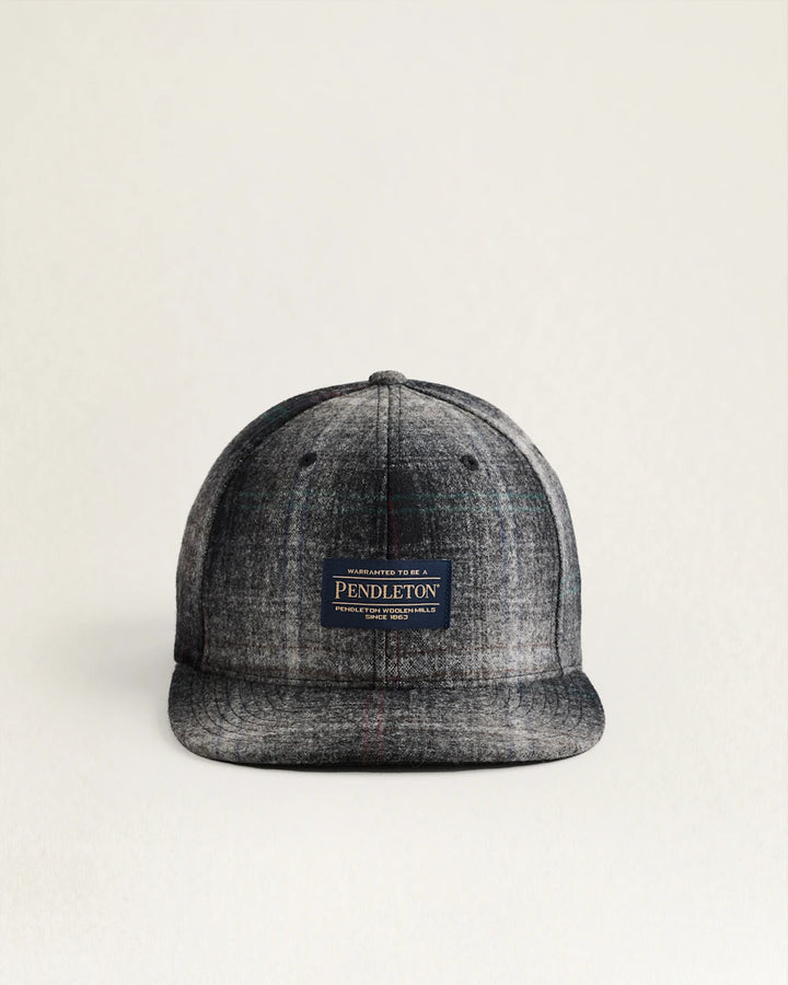 classic wool flat brim cap with adjustable snap back closure gray black plaid
