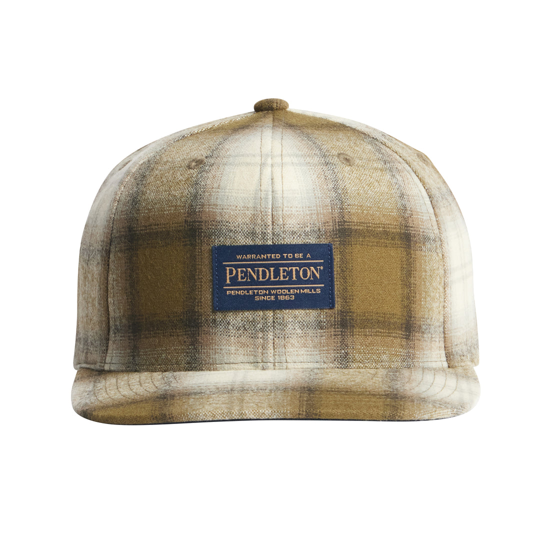 classic wool flat brim cap with adjustable snap back closure olive tan plaid