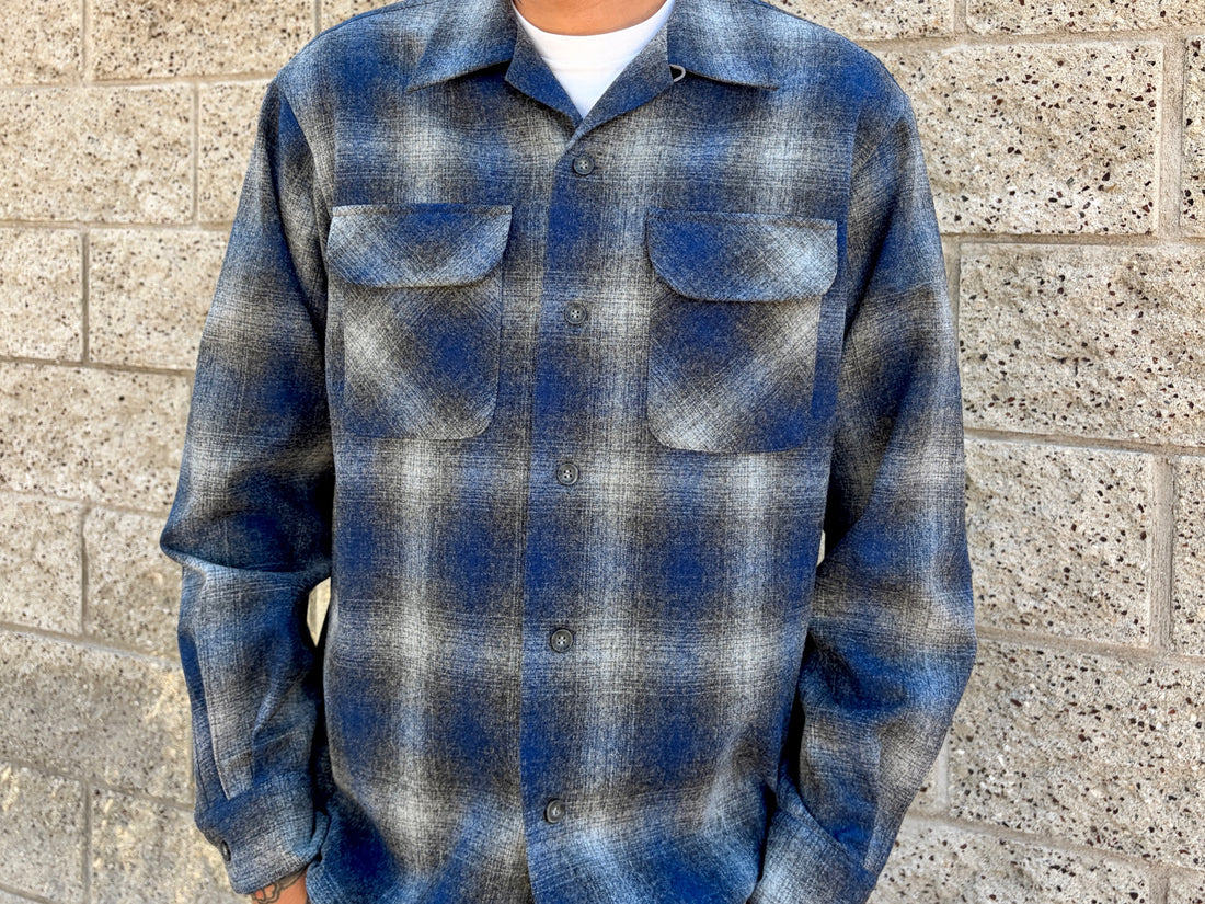 wool surf shirt 1960 throwback charcoal and navy plaid